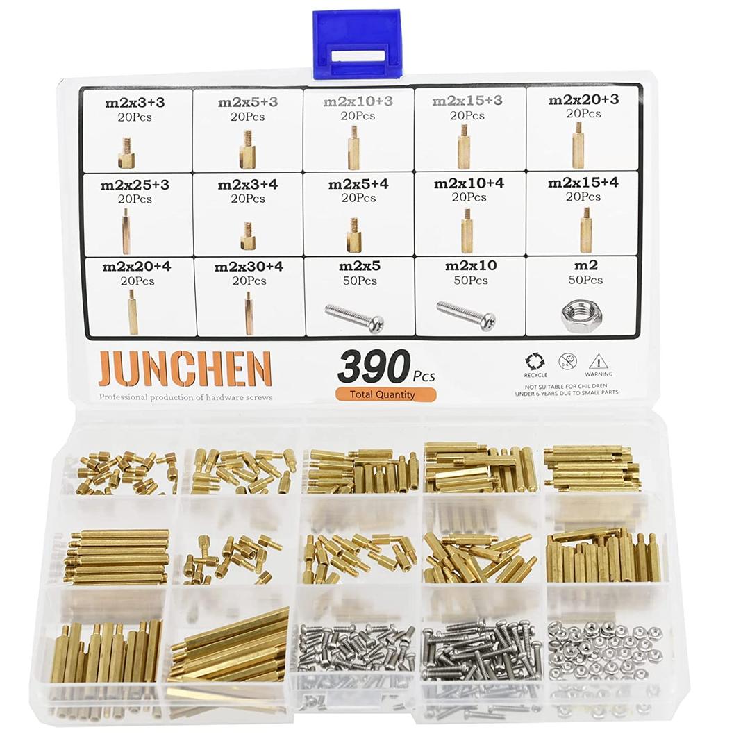 M2 Hex Brass Standoff,390pcs M2 Male Male Board Hexagon Threaded Pillar, Hexagonal PCB Motherboard Spacer Bolt Screw Nut Assortment Kit Mounting for PCB, Computer & Circuit Board