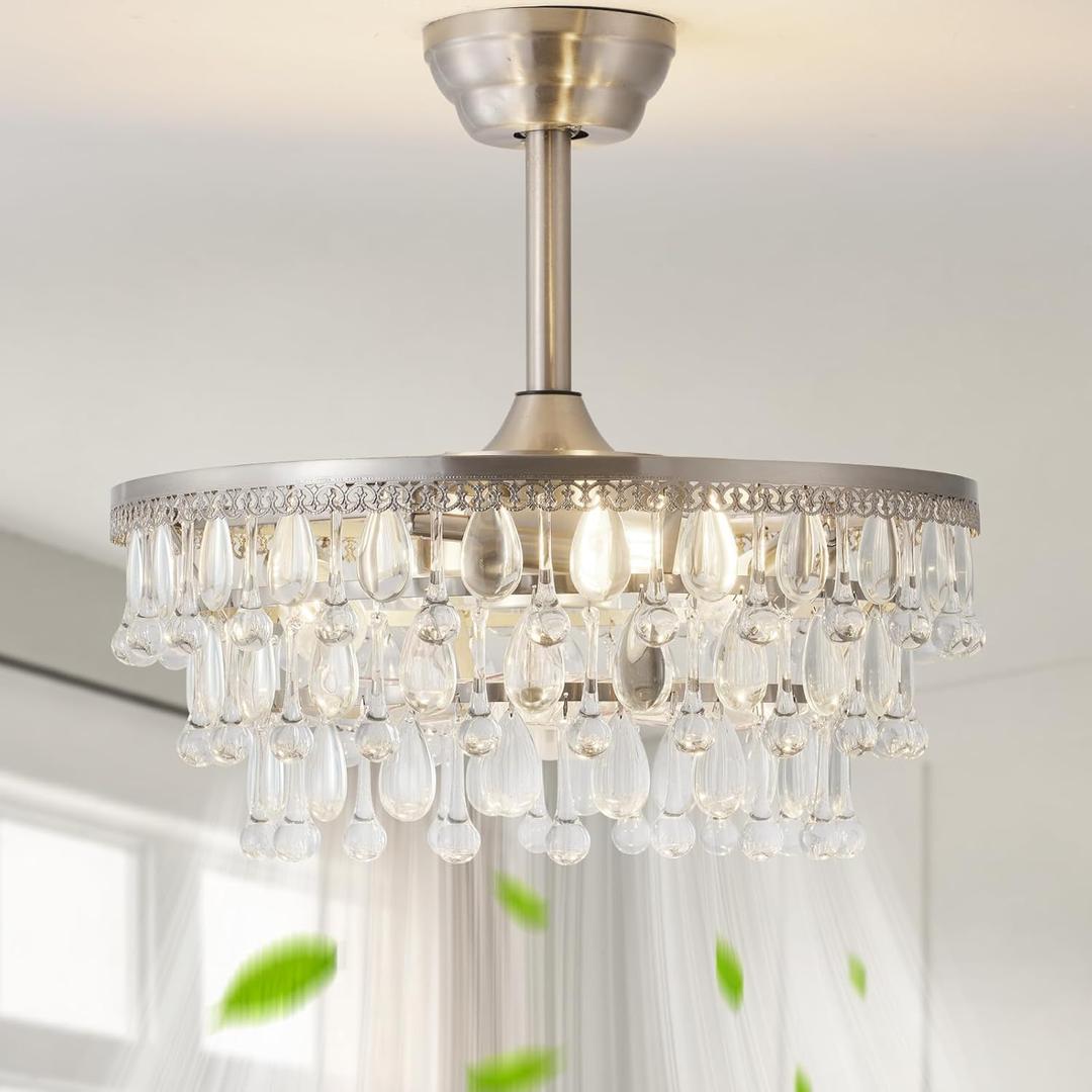 Silver Crystal Fandelier Ceiling Fan with Light, 20" Crystal Chandelier Ceiling Fans with Lights and Remote with 6 Speeds Caged for Bedroom, Living Room, Nursery