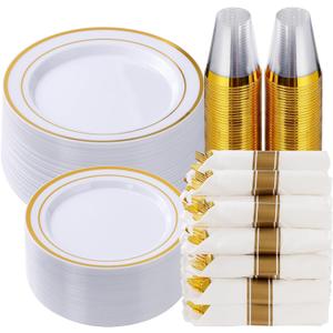 Goodluck 350 Piece Gold Plastic Dinnerware Set for 50 Guests, Fancy Disposable Plates for Party, Include: 50 Dinner Plates, 50 Dessert Plates, 50 Pre Rolled Napkins with Silverware, 50 Cups