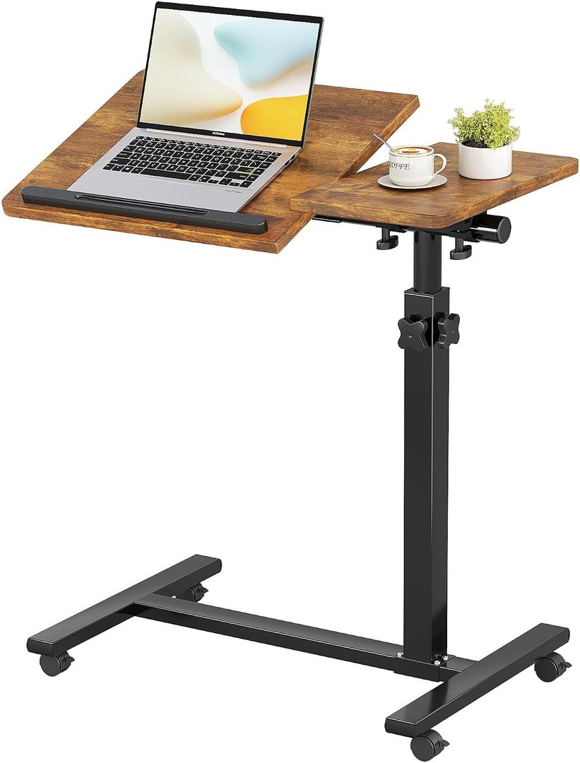 Overbed Tables, Hospital Table, Adjustable Height Protable Standing Rolling Desk, C-Shaped Bed Table for Livingroom and Bedroom, Brown, 22.4" x 15.9" x 22.8"