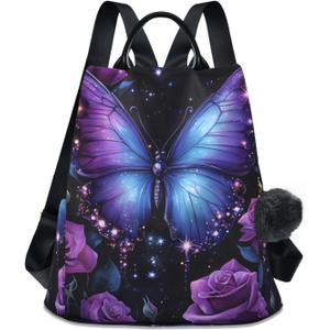 MNSRUU Backpack Womens, Anti-Theft Womens Backpack Travel Handbags Shoulder Bag Butterfly Rose Carry On Ladies Rucksack Fashion Casual Daypack, Hairball Pendant