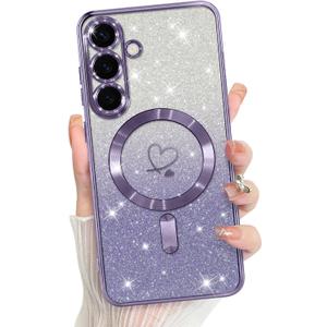 Bonoma Compatible with Samsung Galaxy S25 Case Support for MagSafe, Plating Heart Glitter Magnetic Case TPU Camera Protection Back Cover for Phone Case -Purple