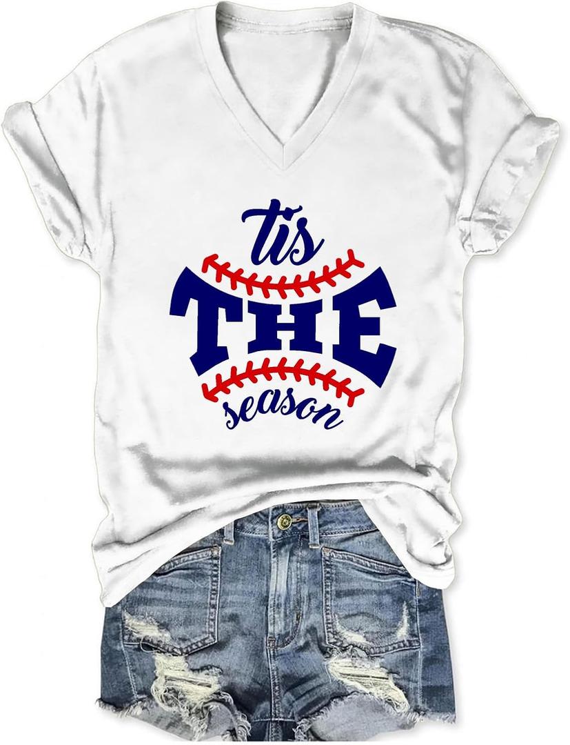 Baseball Shirt Women Tis The Season Baseball Mom Shirts Game Day Letter Print V Neck Tee Tops (White, S)