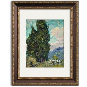 Yaetm 11x14 Vintage Picture Frame, Ornate Antique Bronze 11x14 Frame with Real Glass, 1.4-inch Wide Molding, White Mat for 8x10 Photo - Portrait/Landscape, Wall Mount (Brown/Gold, Single)