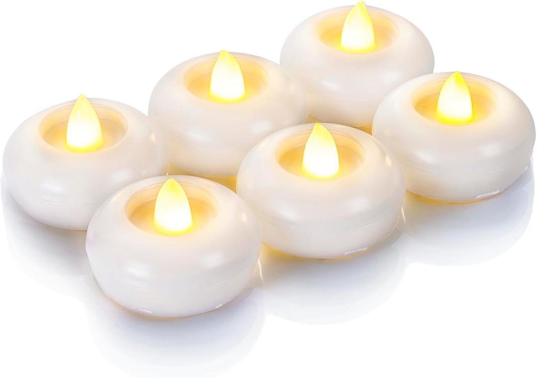 Homemory 2 Flameless Led Floating Candles, 200 Hour Plastic Battery Operated Flickering Waterproof Tealights for Cylinder Vases, Centerpieces at Wedding, Party, Pool, Holiday(6Pack, White Base)