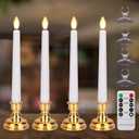 Flameless Taper Candles Flickering with Remote Timer, 4PCS Battery Operated Window Candles with Gold Candlesticks and Suction Cups, 8 Inch Warm White 3D Flame Candle for Home, Xmas Decor(White)