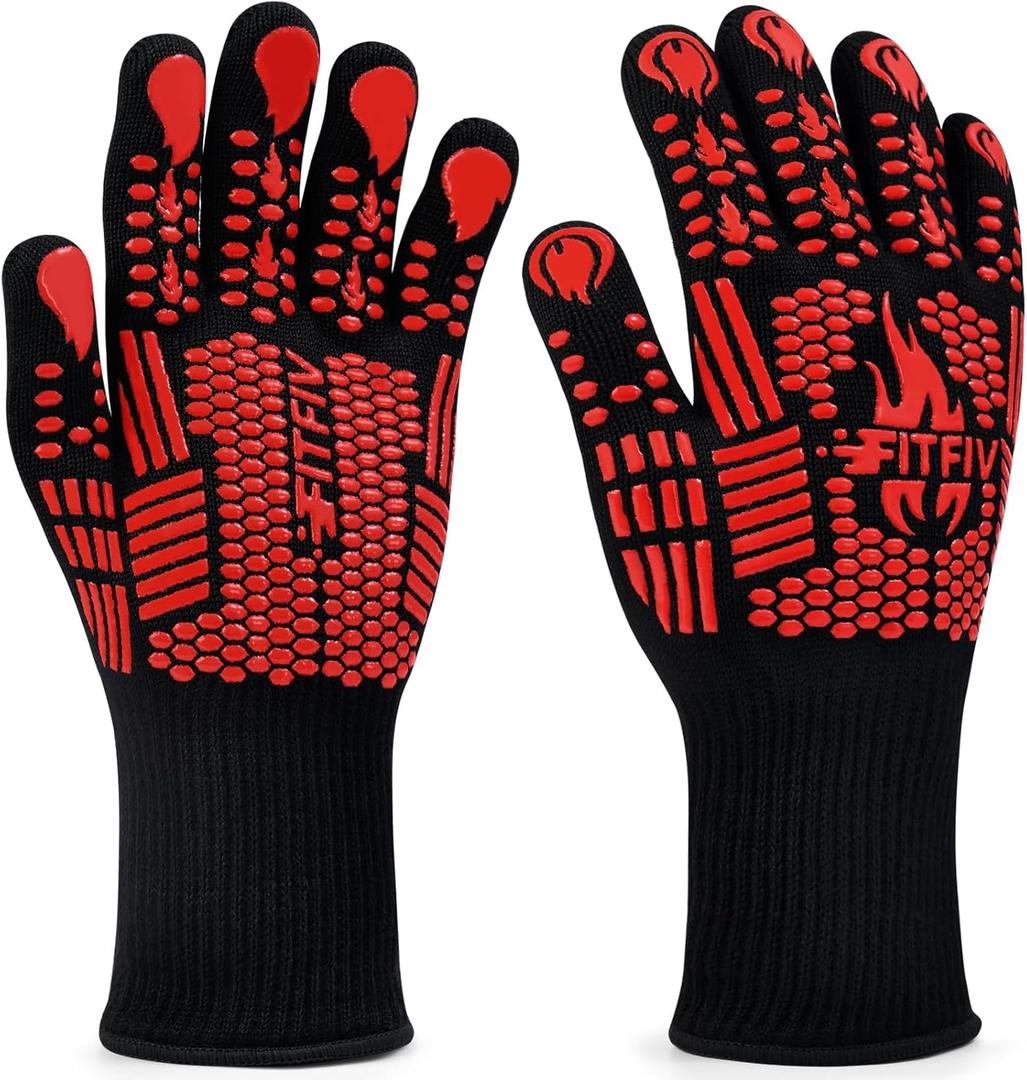 BBQ Gloves, Oven Gloves, 1472F Extreme Heat Resistant Barbecue Gloves, Silicone Non-Slip Oven Mitts, Kitchen for Cooking, Grilling, and Baking (Red) (Long Cuff)
