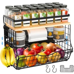 3-Tier Magnetic Shelf for Fridge with Divider & Bamboo Top, Fruit Basket Potato and Onion Storage Bins, Kitchen Large Container Magnetic Spice Rack for Refrigerator, Kitchen Counter, Fridge Organizer (1 Pack, BLACK)