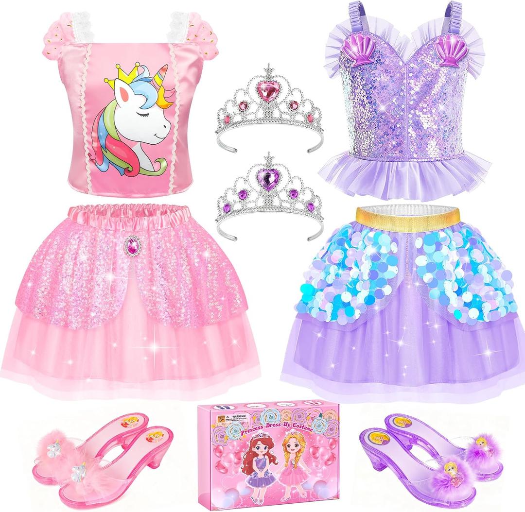 Princess Dress Up CLothes with Princess Shoes, Kids' Dress Up & Pretend Play Costumes for Little Girls, Mermaid & Unicorn Dress Up Toys Set for Toddlers, Christmas Birthday Gifts for 3-6 Role Play