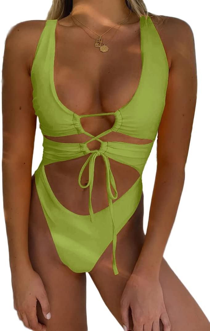 CHYRII Women's Sexy Cutout Lace Up Backless High Cut One Piece Swimsuit Monokini (Medium, Pickled Pepper)