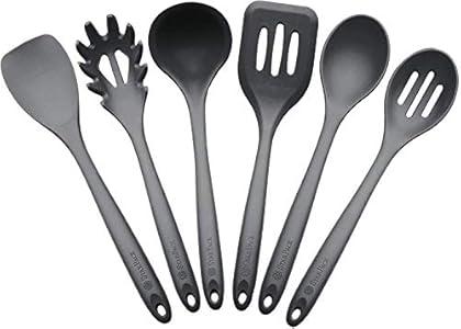 StarPack Basics XL Silicone Kitchen Utensil Set (6 Piece), High Heat Resistant to 480°F, Hygienic One Piece Design, Large Non Stick Spatulas & Serving Utensils (Gray Black)