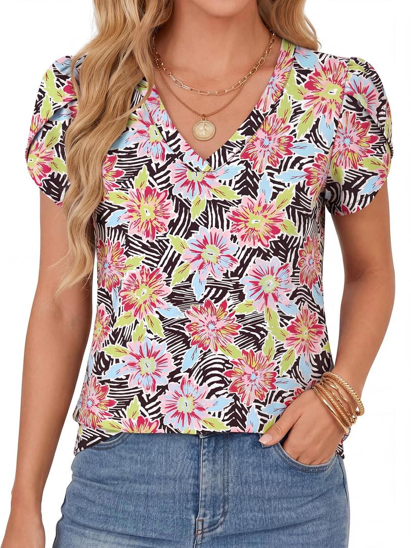 KIFOVEN Womens Summer Tops Short Sleeve V Neck Flora Tee Loose Fit Tunic T Shirt Blouse Red Print Medium (M)