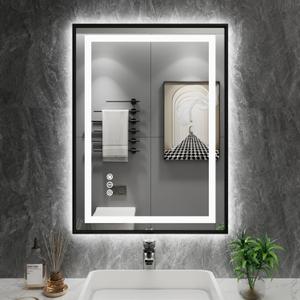 Amorho 28"X36" LED Bathroom Mirror with Black Frame, Front Light and Backlit, Stepless Dimmable, Anti-Fog, Shatter-Proof, Memory, 3 Colors, Double LED Vanity Mirror