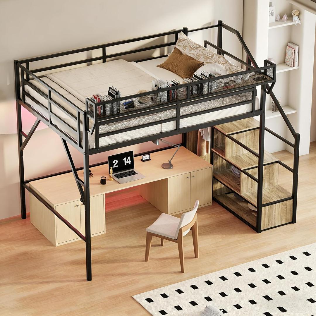 Queen Size Metal Loft Bed with Storage Shelf Built-in USB Port, Heavy Duty Loft Bed w/Storage Stairs & Wardrobe+ LED Lights for Bedroom, Large Under-Bed Area, Noise Free, No Box Spring Needed (Black+nature)