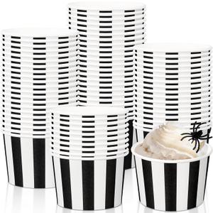 Zopeal 50 Count 9 oz Black and White Striped Ice Cream Cups Disposable Paper Soup Bowls Snack Race Car Birthday Halloween Party Supplies for Picnic Food Sundae Dessert Yogurt