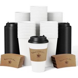 LITOPAK 100 Pack Disposable Coffee Cups with Lids and Kraft Sleeves, 16 oz White Coffee Cups for Hot Drinks