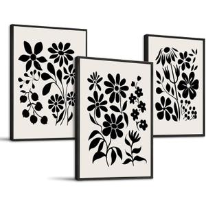 SERIMINO Black and White Wall Art Framed Bedroom Decor Aesthetic, Botanical Floral Canvas Wall Art for Living Room Boho, Set of 3 Flower Market Prints Farmhouse Wall Decor,16 x24 inch