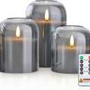 Homemory Glass Flameless Candles, Battery Operated Plliar Candles Realistic Flickering, LED Electric Light with Remote and Timer for Home, Christmas Decoration, Gray, Set of 3 (D4"xH4"5"6")