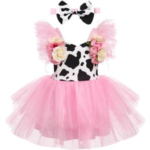IMEKIS Toddler Baby Girl Cow Birthday Outfit Boho Backless Tutu Dress with Headband Cake Smash Photo Shoot, One Size