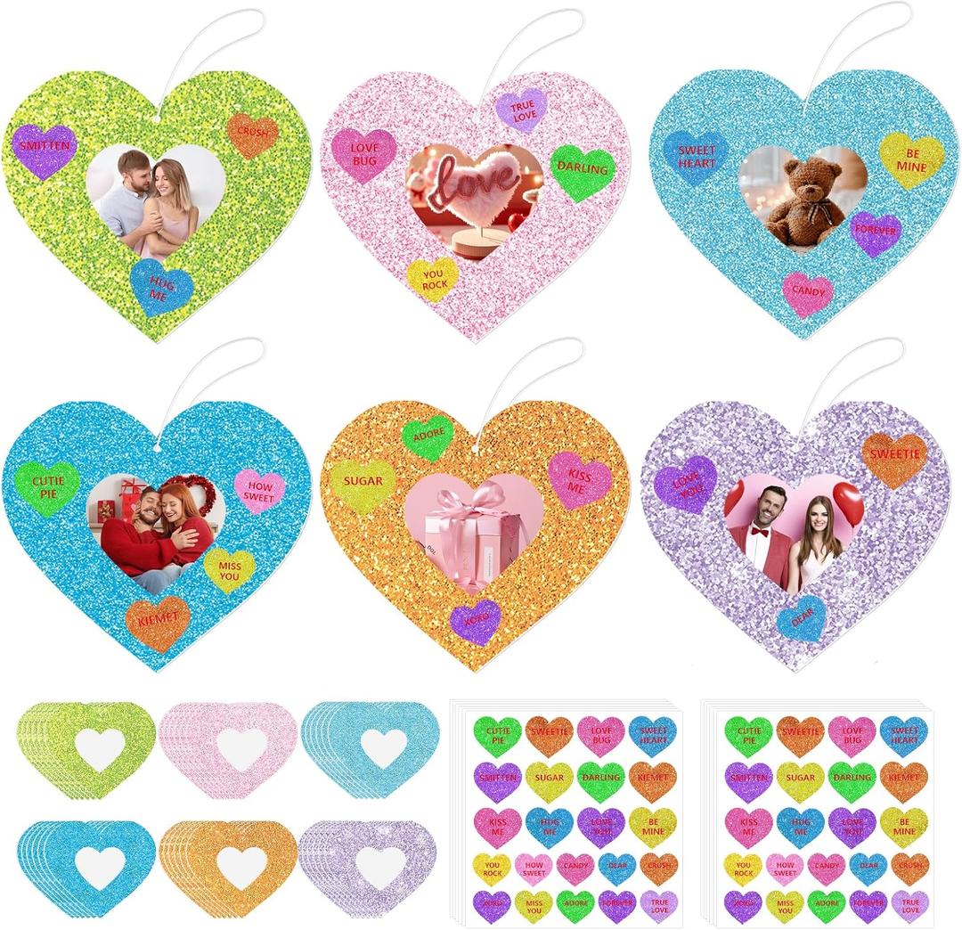 36 Sets Valentine's Day Heart Craft, Valentine's Day Photo Frame and Stickers, DIY Valentines Day Heart Picture Frame Craft Kit for Home Class Party Art Activity