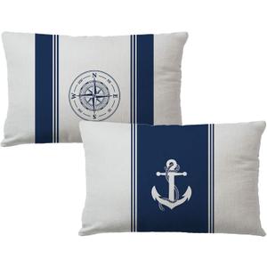 7COLORROOM 2Pack Nautical Sailing Throw Pillow Cover Navy Blue with Anchor/Compass Pattern Rectangular/Waist Cushion Cover Ocean Beach Home Decor Pillowcases 12"×20",for Sofa Couch Patio (12"×20")