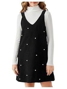 RoseSeek Girl's 2 Piece Outfits Turtleneck Rib Knit T Shirt and Corduroy Overall Dresses Set Fall Clothes Black and White 14Y