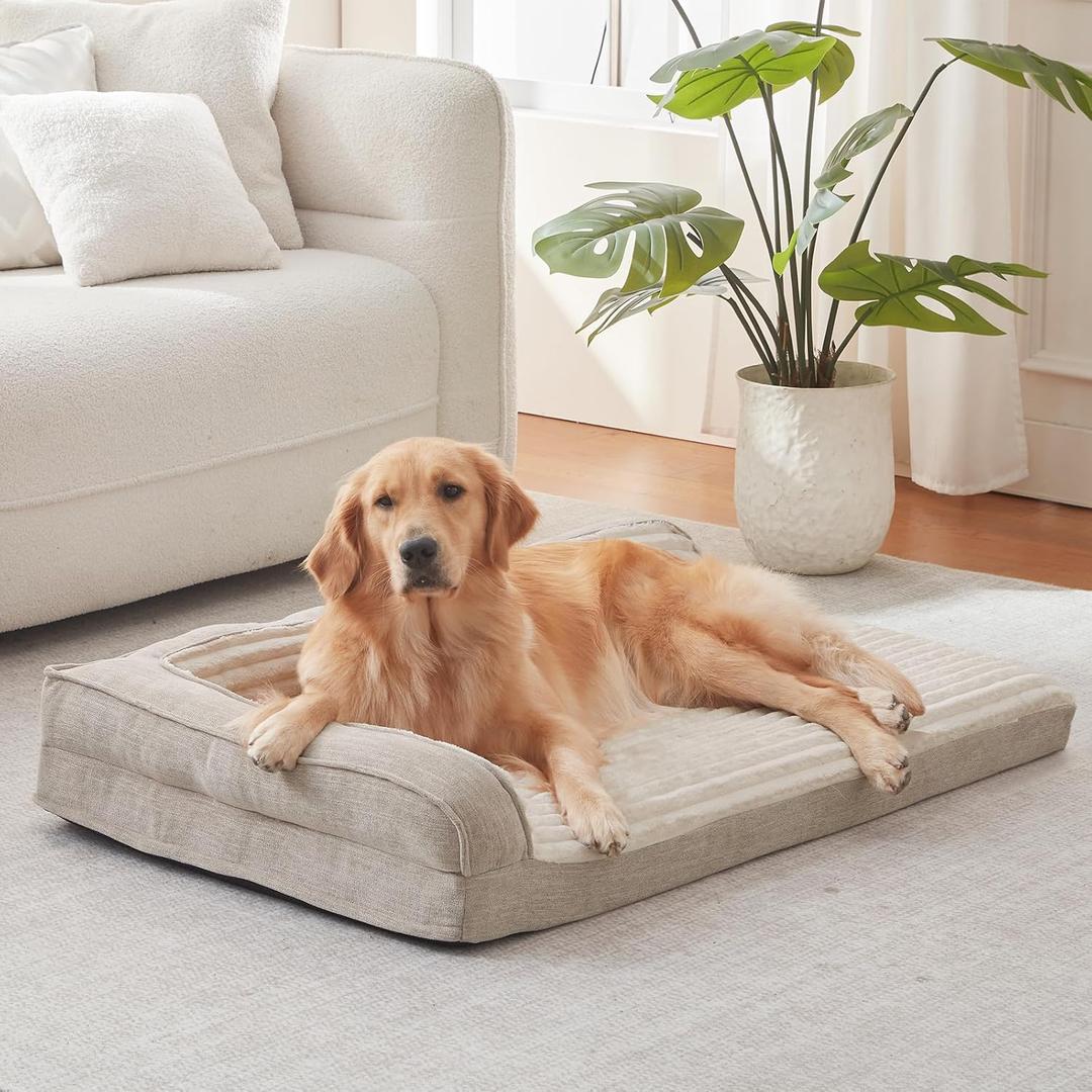 WINDRACING Orthopedic Dog Beds for Small Dogs, Waterproof Egg Foam Dog Sofa Bed with L Bolster Sides, Washable Small Pet Bed with Removable Cover & Non-Slip Bottom, 30 x 20 inch, Beige