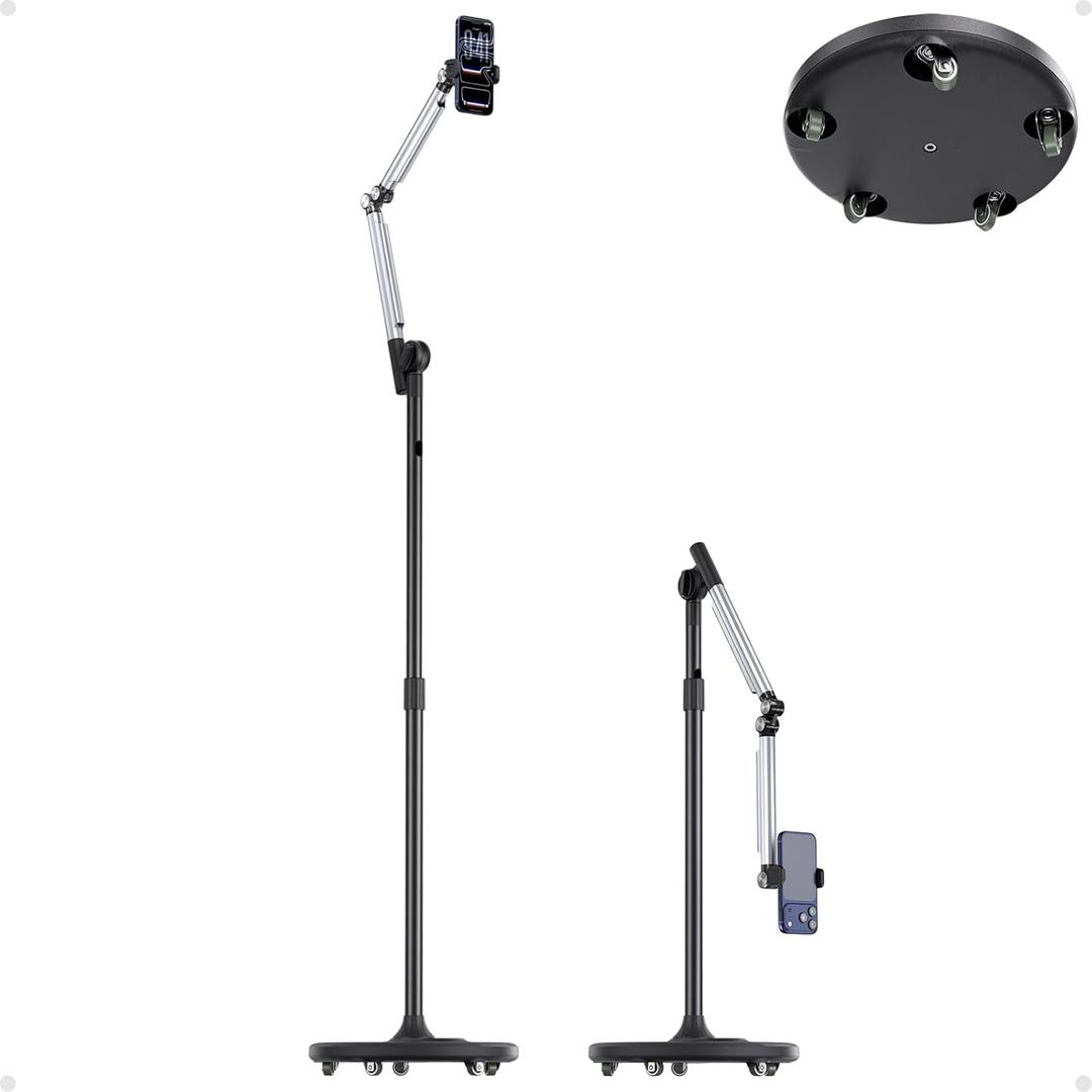 Floor Phone Stand for Recording, Overhead Phone Mount with Wheels and Weight Base, Free Rotation Aluminum Digital Heavy Duty Stand with Adjustable Angles & Height for Content Creation