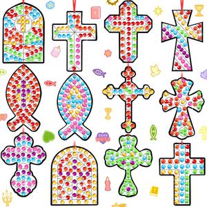 36 Sets VBS Sun Catcher Crafts DIY Christian Cross Window Art Kits Religious Cross Gem Diamond Art with Gemstone Sticker Ribbon for Sunday School VBS Church Classroom Activities