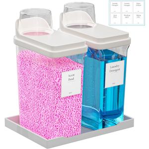 85 OZ Laundry Detergent Dispenser, 2 Pack Liquid Laundry Detergent Powder Dispenser, Plastic Fabric Softener Dispenser for Laundry Room with Labels Tray, Clear