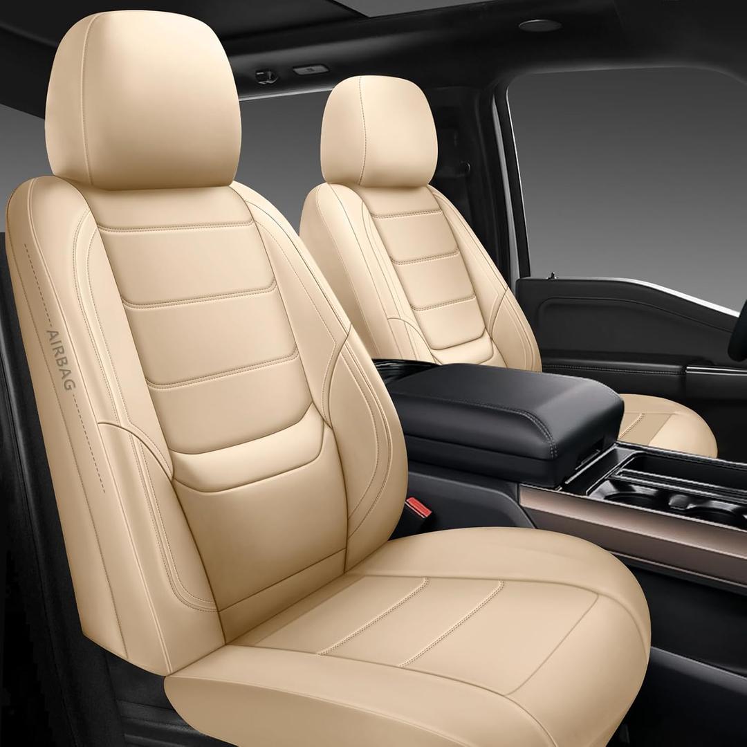 BABYBLU Car Seat Covers Full Set,Universal Leather Seat Covers for Cars,Waterproof Automotive Car Seat Covers for Most Vehicles SUV Pick-up Truck (Beige, Full Set)