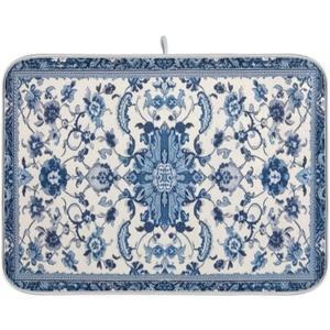 Dish Drying Mat Kitchen Counter Absorbent Blue and White Pattern Coffee Sink Mat Dish Drainer Pad 18 Inch x 24 Inch
