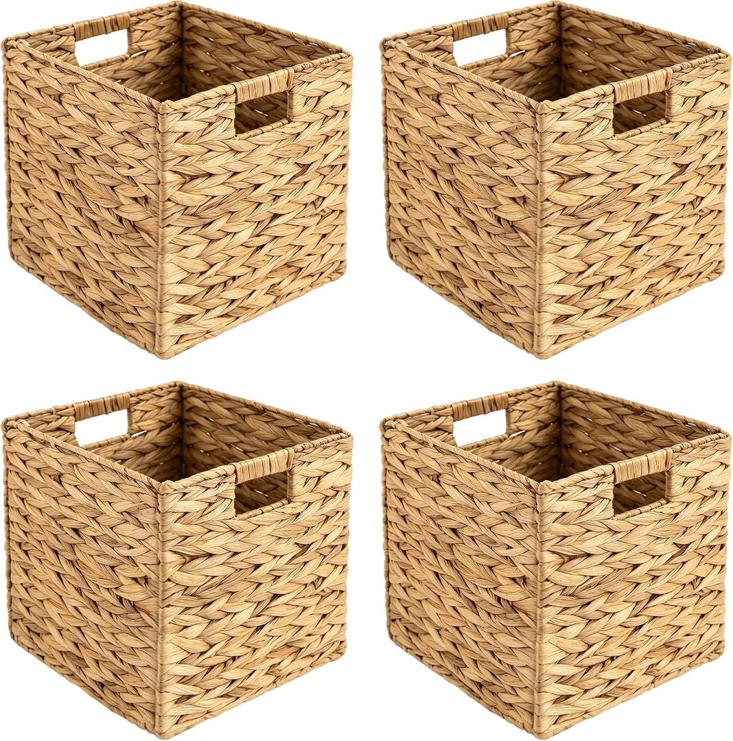 12 Inch Storage Basket Set, 4-Pack Water Hyacinth Woven Baskets, Foldable Cube Storage Bins for Home Organization, Storage Cube Organizers