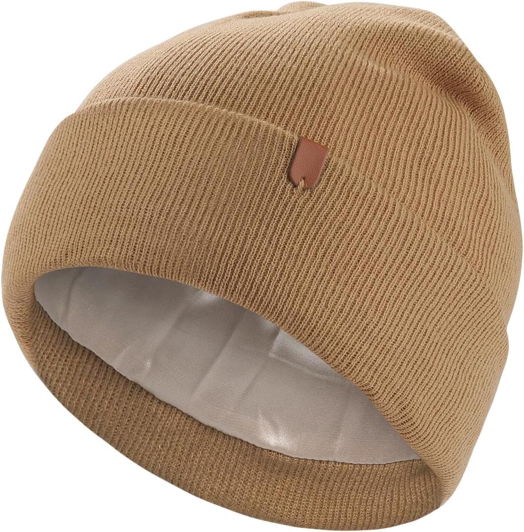 AWAYTR Satin-Lined Winter Beanie Knit Hat, Acrylic Knit with Silk Interior, Soft Slouchy Cuffed Design for Women & Men (One Size, Khaki)
