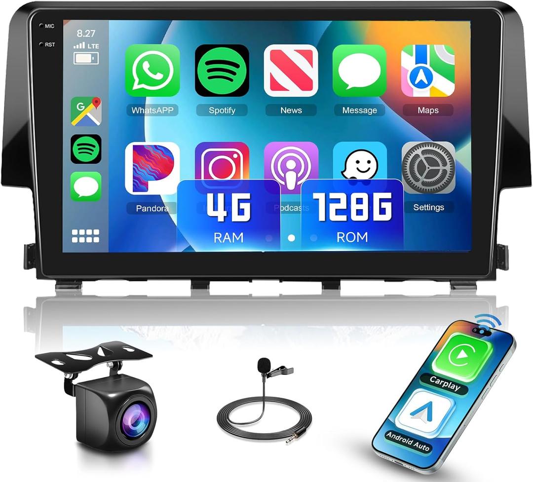 4G+128G Car Radio Stereo for Honda Civic 2016-2020, 9inch HD in-Cell Touch Screen/Android 15/Wireless CarPlay/Android Auto/GPS/WiFi/5.0Bluetooth/FM/RDS/SWC/AHD Backup Camera