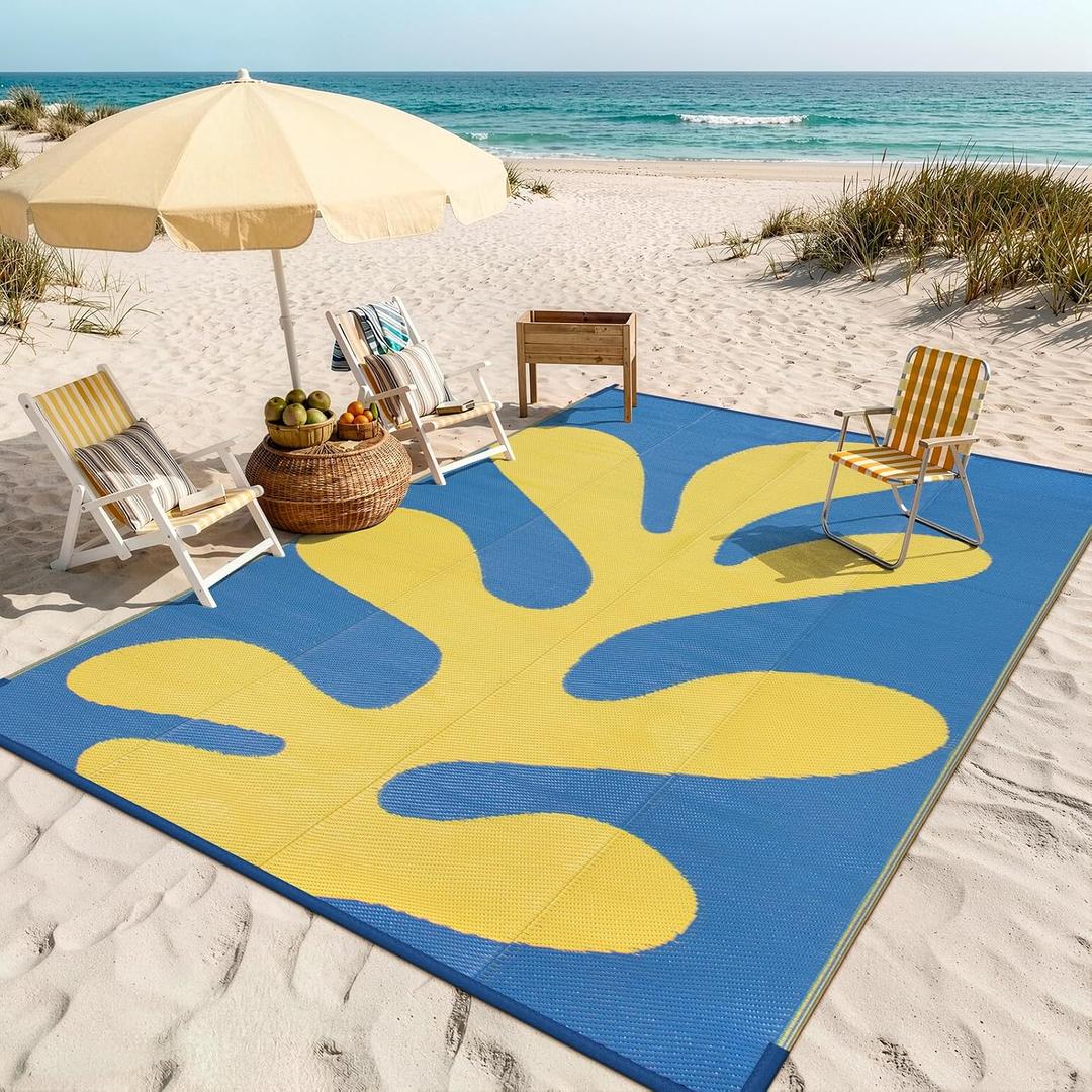 Lahome Plastic Straw Waterproof 9x12 Outdoor Rug, Reversible Sea Coral Outdoor Camping Rug, Large Rv Mats for Outside Picnic Beach Pool Deck, Blue 9'x12'