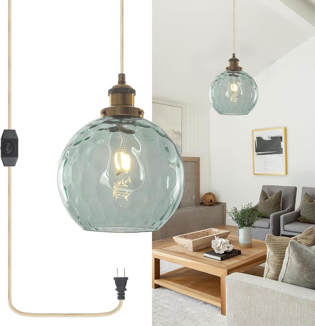 Plug in Pendant Light, Handblown Glass Pendant Light with Dimmable Switch Hanging Lights with Plug in Cord 15ft, Hanging Lamp Plug in for Dining Living Room Kitchen Island Bedroom (Green)