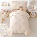 4-Piece Toddler Bedding Sets for Girls Boys, Soft Microfiber Floral Embroidery Toddler Bed Comforter Bed-in-a-Bag Includes Comforter, Flat Sheet, Fitted Sheet, Envelope Pillowcase, Beige