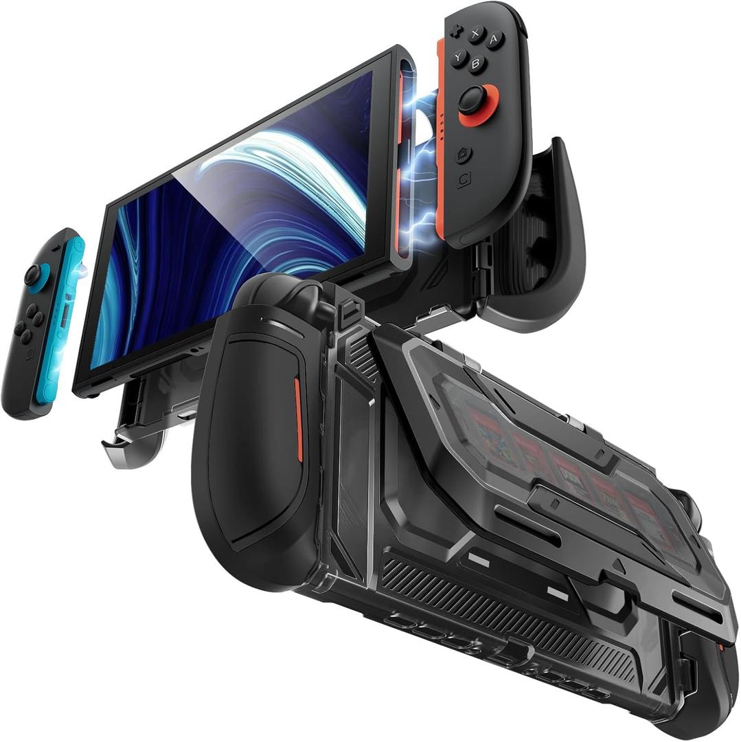 Mumba Dockable for Nintendo Switch 2 Case with Flip Stand, [Titan] Ergonomic Switch 2 Grip Protective Cover Holds 5 Game Cards & 2 TF Cards TPU Accessories and Quick-Release Joy-Con Design(Black)