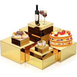 Geelin 8 Pack Acrylic Cube Risers Acrylic Boxes for Food Display Decorative Stands with Hollow Bottoms for Jewelry Food Buffet Risers Display Candy Table Decor, 8 Sizes(Gold,Flat)