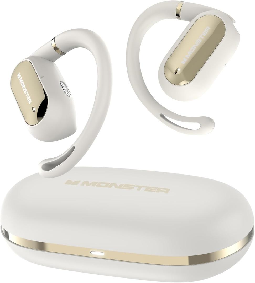 Monster Open Ear AC322, Bluetooth 5.4 Headset, 36H Battery Life, IPX5 Waterproof, Clear Communication, Ergonomic Design, Ear Angle Adjustable, Not Easy to Fall Off Wireless Bluetooth Headset.White