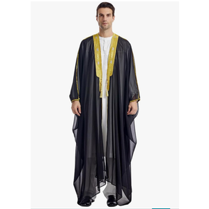 FYMNSI Men's Robe Muslim Clothes Kimono Loose Abaya Dresses Long Sleeve Embroidered Chiffon Kaftan Casual Formal Dubai Thobe, Size medium