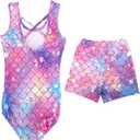 Mermaid Gymnastics Leotards for Girls 4-13 Years Old Toddler Kids Dance Tumbling Outfit Matching Shorts Set Birthday Gifts (10-11 Years, Sk36)