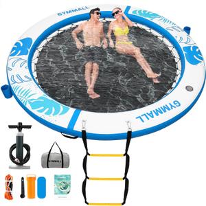 GYMMALL Inflatable Water Hammock Floating Dock 8 FT with Mesh, Tanning Pool Raft Round Ring for Adults, Sun Float Chill Platform for Lake and Beach with Water Ladder and Cup Holder
