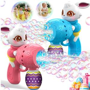 Easter Bubble Guns for Toddlers & Kids: Easter Basket Stuffers 2-Pack Bunny & Egg Themed - Leak-Proof Bubble Blaster Toys with Refill Solution - Perfect for Easter Egg Hunt & Outdoor Party (Blue-pink)
