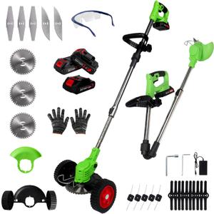 Electric Weed Wacker Cordless Eater 3 Battery,Foldable and Lightweight Grass Trimmer/Brush Cutter,5 Types Blade&Wheels 21V 2.0Ah Battery (3 Pieces) Powered for Garden and Yard (Foldable)