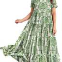 YESNO Women Casual Loose Bohemian Floral Dress with Pockets Short Sleeve Long Maxi Summer Beach Swing Dress EJF (Green, XXL)