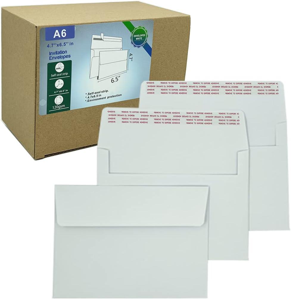 A6 Invitation envelopes120 PCS 4.7x6.5 in - windowless design 120GSM white paper envelopes with printabl quick self-seal for invitations, greeting cards, photos invoices