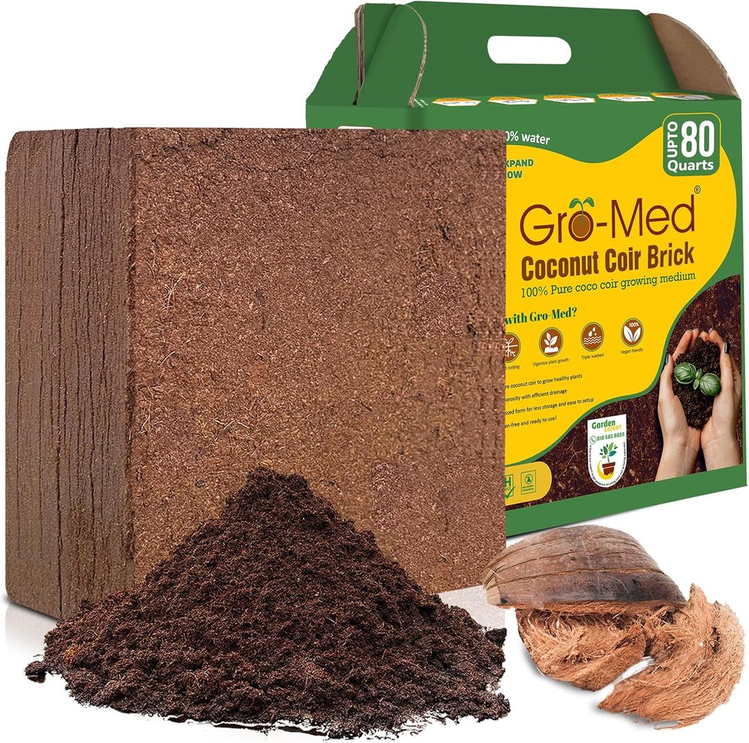 Gro-Med Coco Coir Brick 10 lbs  Expands to 80 Quarts  NPK Enriched Organic Coconut Coir  Potting Soil for Indoor Outdoor Plants, Seed Starter, Vegetables, Mushrooms, Gardening Use Gro-Med Coco Coir Brick 10 lbs  Expands to 80 Quarts  NPK Enriched Organic Coconut Coir  Potting Soil for Indoor Outdoor Plants, Seed Starter, Vegetables, Mushrooms, Gardening Use