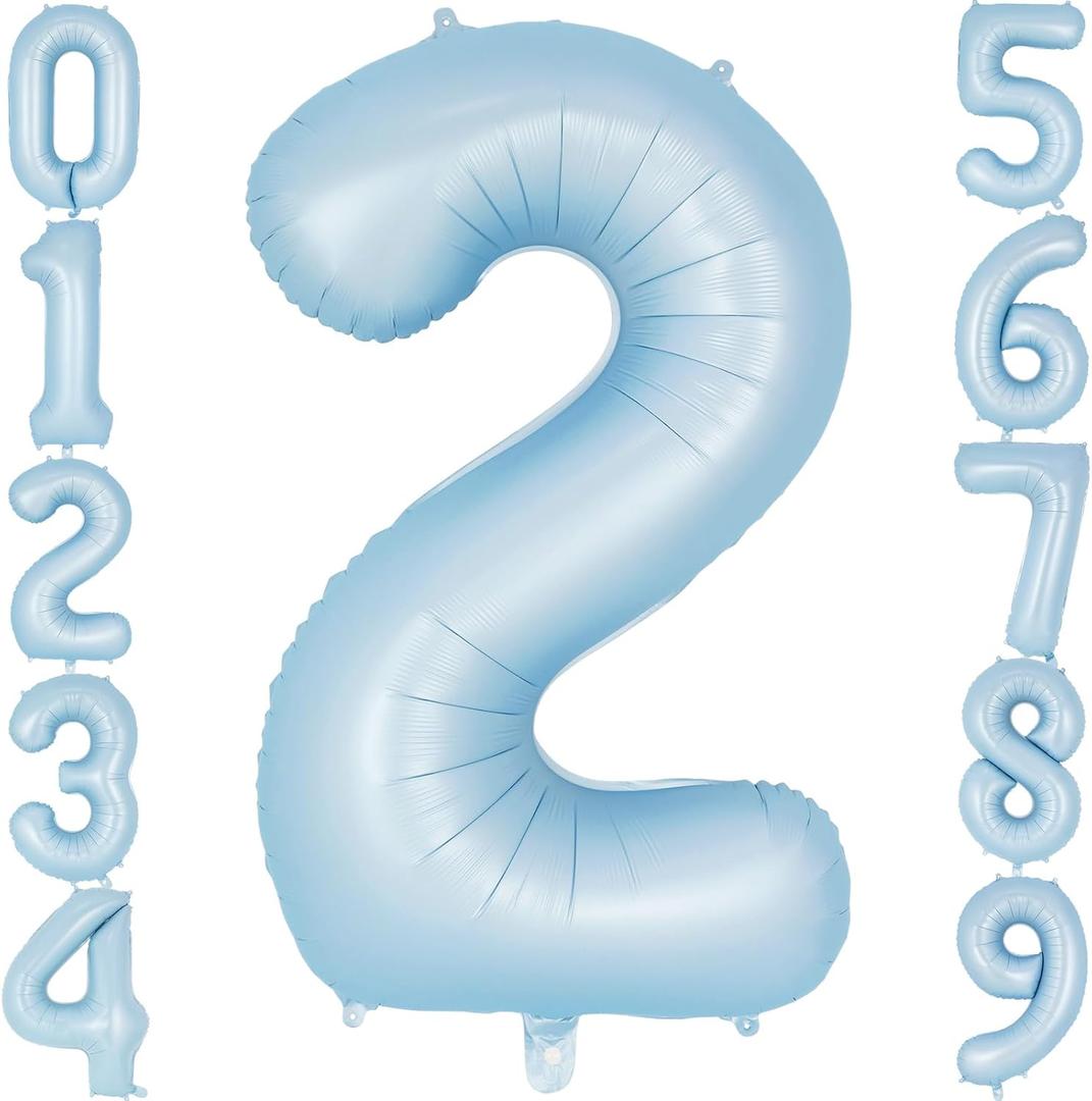 Light Blue Number 2 Balloon, 40 Inch Big Large Foil Number Balloons, Giant Mylar Number 2 Balloons for 2 Second Birthday Baby Party Decorations Supplies Anniversary